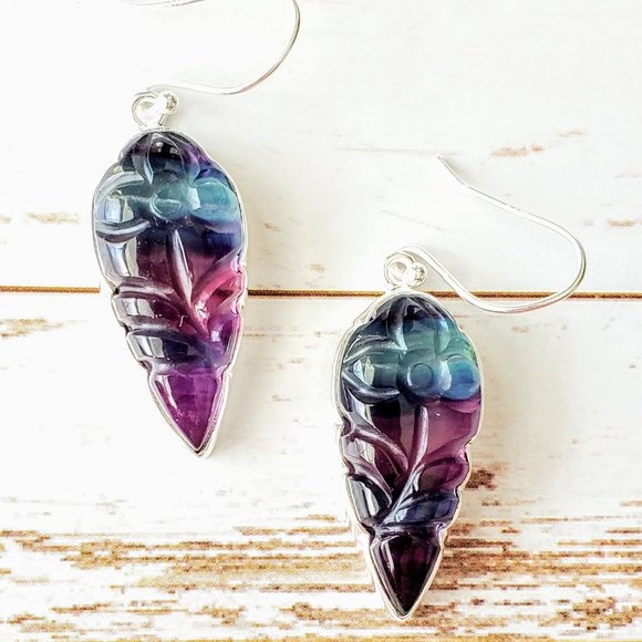 The Girl With Kaleidoscope Eyes Jewelry - Carved Fluorite Sterling Earrings